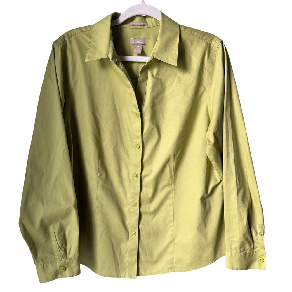 Chico's Lime‎ Green Wrinkle Resistant Button Up Shirt 100% Cotton Size 2 Large